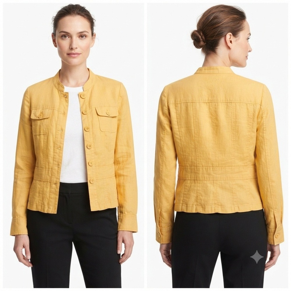 Coldwater Creek Jacket Womens Small Yellow 100% Linen Mandarin Collar Button